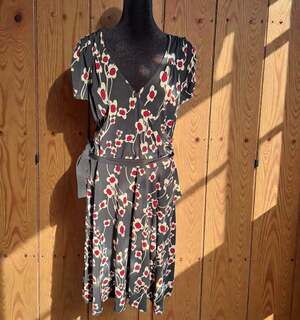 Wrapper Red Floral Cream Mod Print Faux Wrap Midi Dress XL